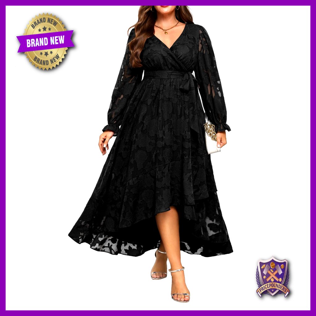 Plus Size Floral Wrap V Neck Maxi Dress Long Sleeve Formal With Belt